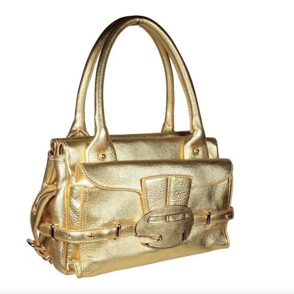 Sergio Rossi Gold Leather Double Divider Zip-Top Satchel: Discover Luxury Handba - Picture 1 of 1